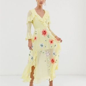 Embroidered wrap maxi dress